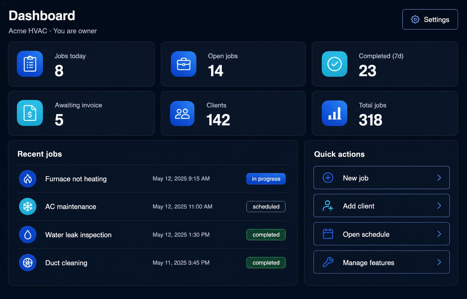 Vynta owner dashboard with live jobs and team load