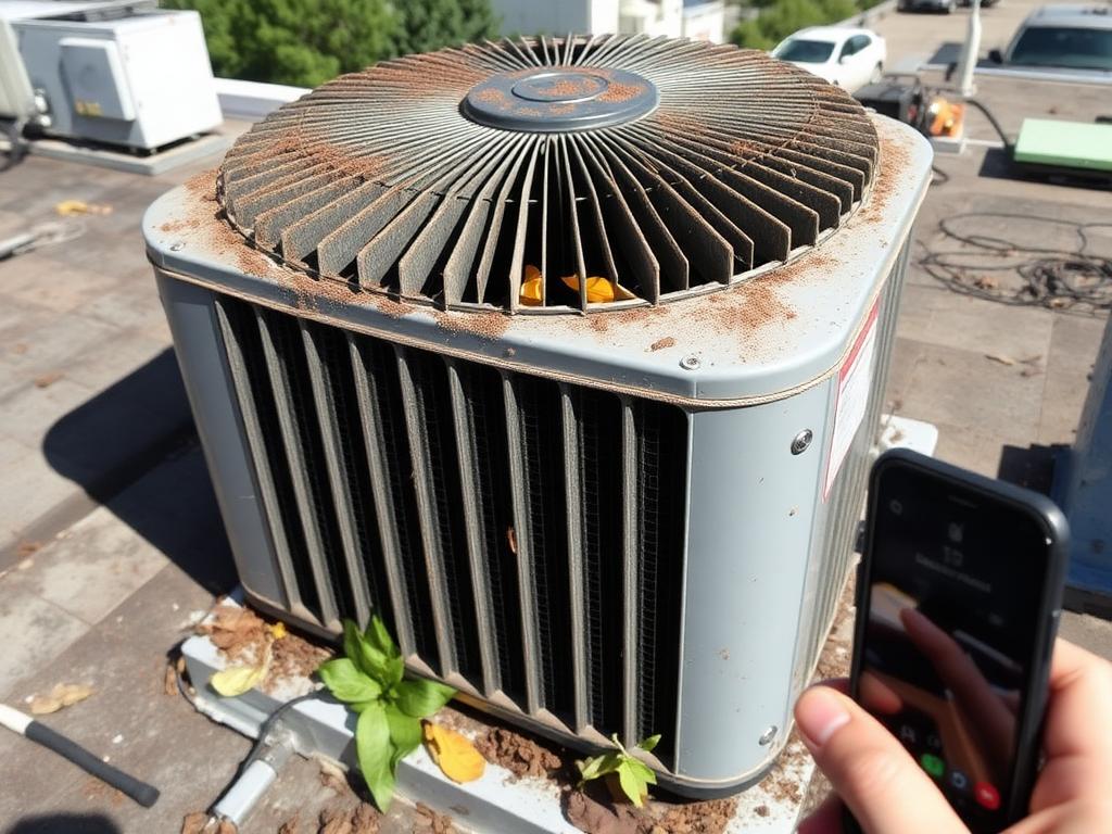 Before photo of a rooftop condenser unit attached to work order WO-1039