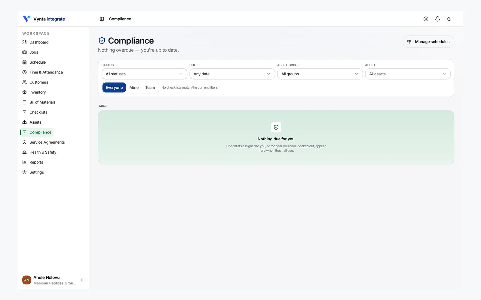 Recurring compliance checklists per asset and technician, with due and overdue tracking. Vynta compliance dashboard listing recurring checklists per asset and technician with due and overdue status.