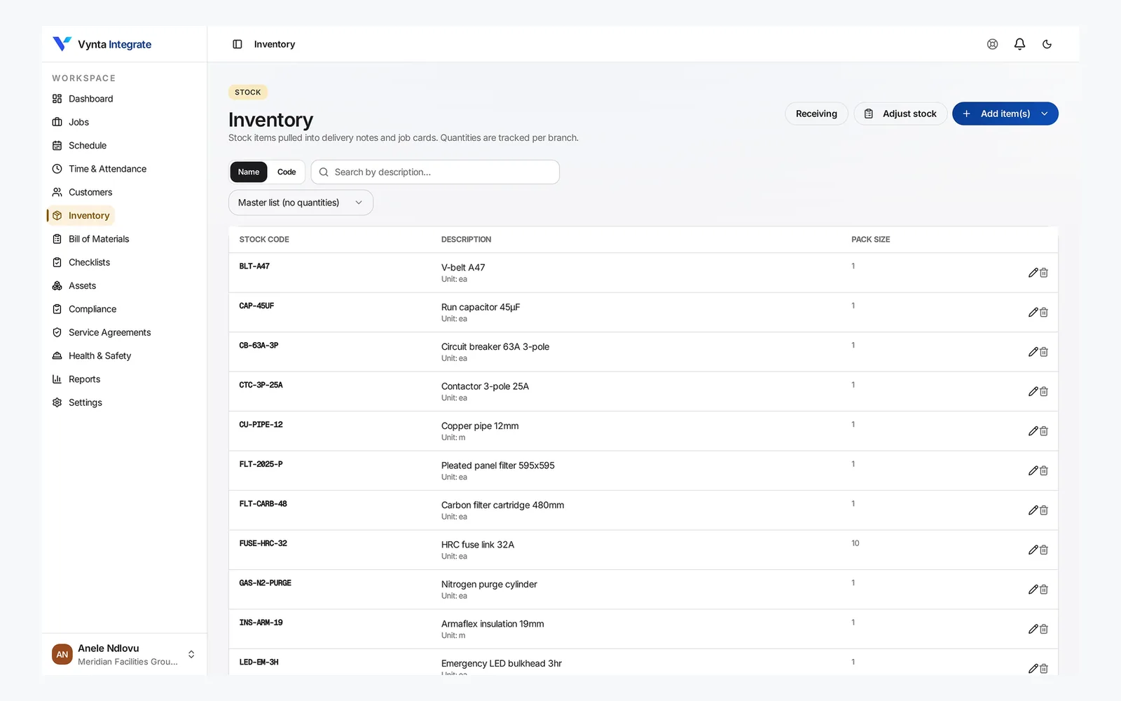 Branch and van stock levels with low-stock alerts. Vynta inventory list showing stock codes, quantities on hand and low-stock levels across branches and vans.