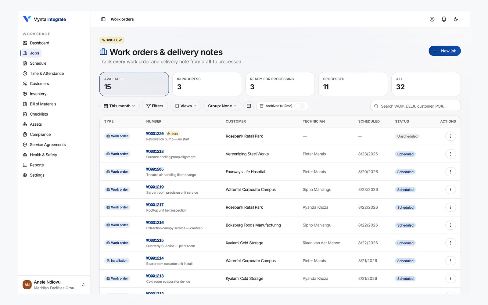 Work order list with numbers, clients, assigned technicians and lifecycle status. Vynta job list with work order numbers, clients, assigned technicians and status from scheduled through ready for processing.