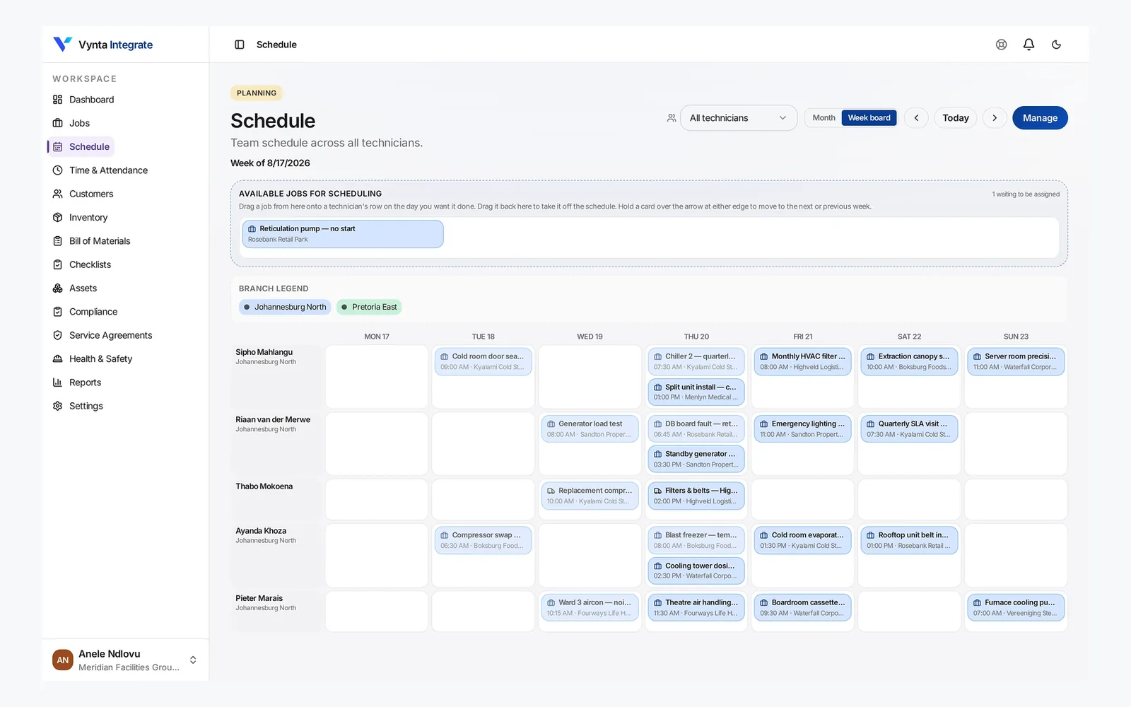 Drag-and-drop scheduling board for assigning jobs to technicians across the week. Vynta scheduling board with jobs dragged across technicians for the week in a drag-and-drop calendar.